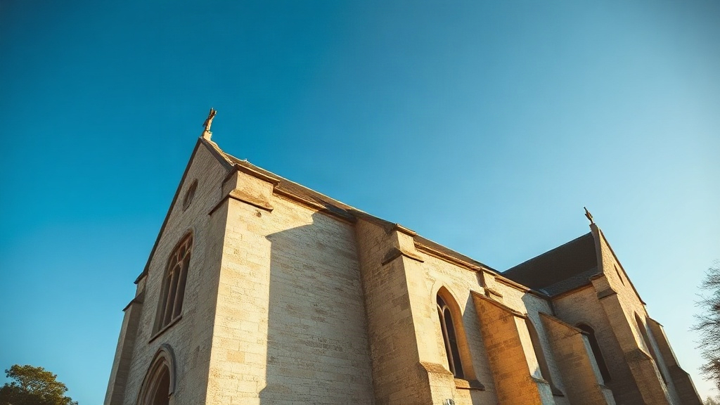 Limestone parish church elevation in soft daylight